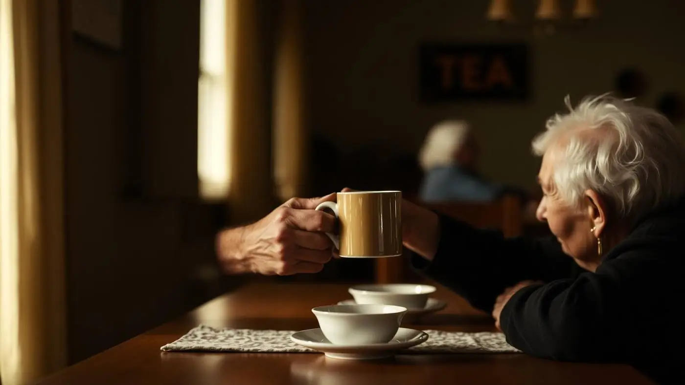A Lions volunteer sharing a cup of tea with an older neighbour