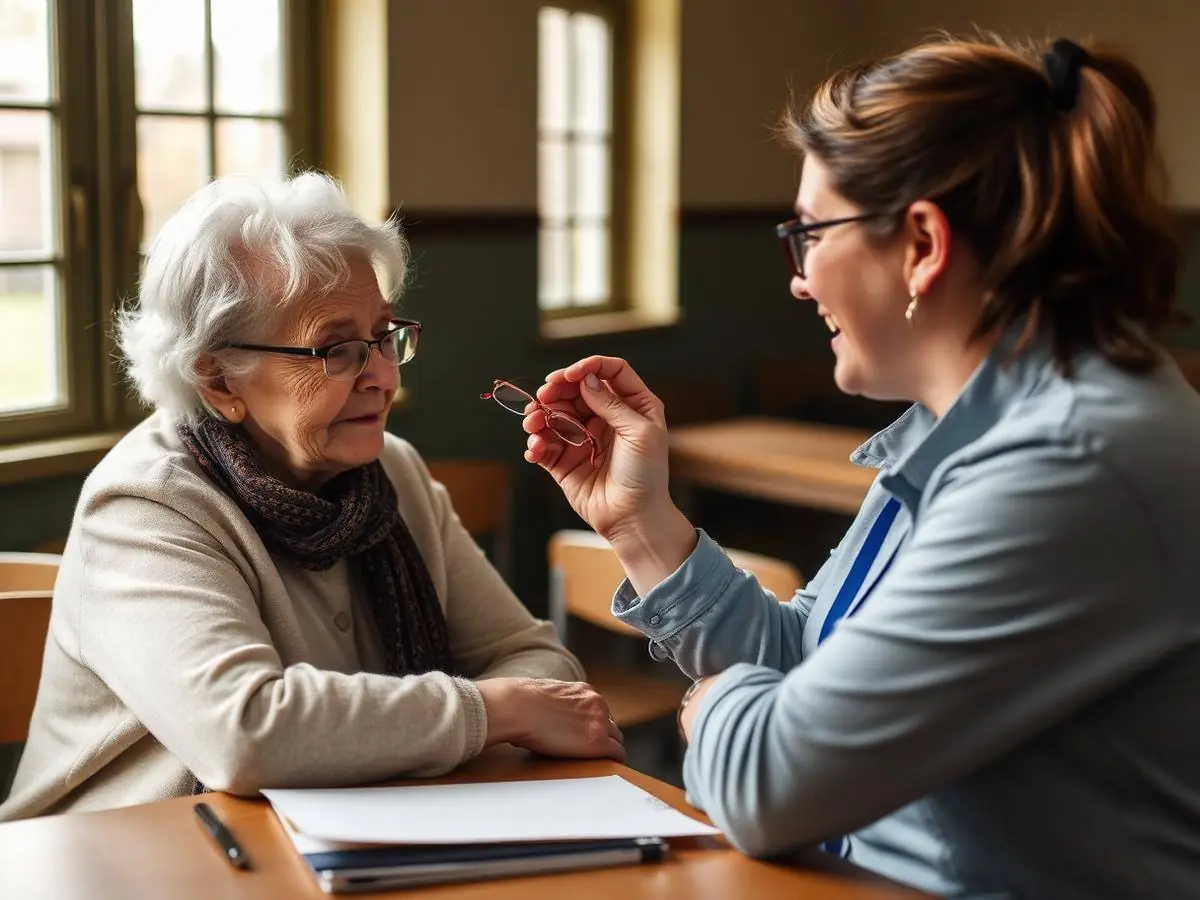 A volunteer fitting donated spectacles at a community sight clinic